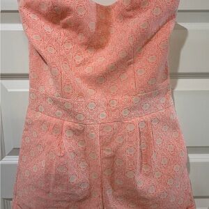C. Luce Coral and White Strapless Jacquard Romper